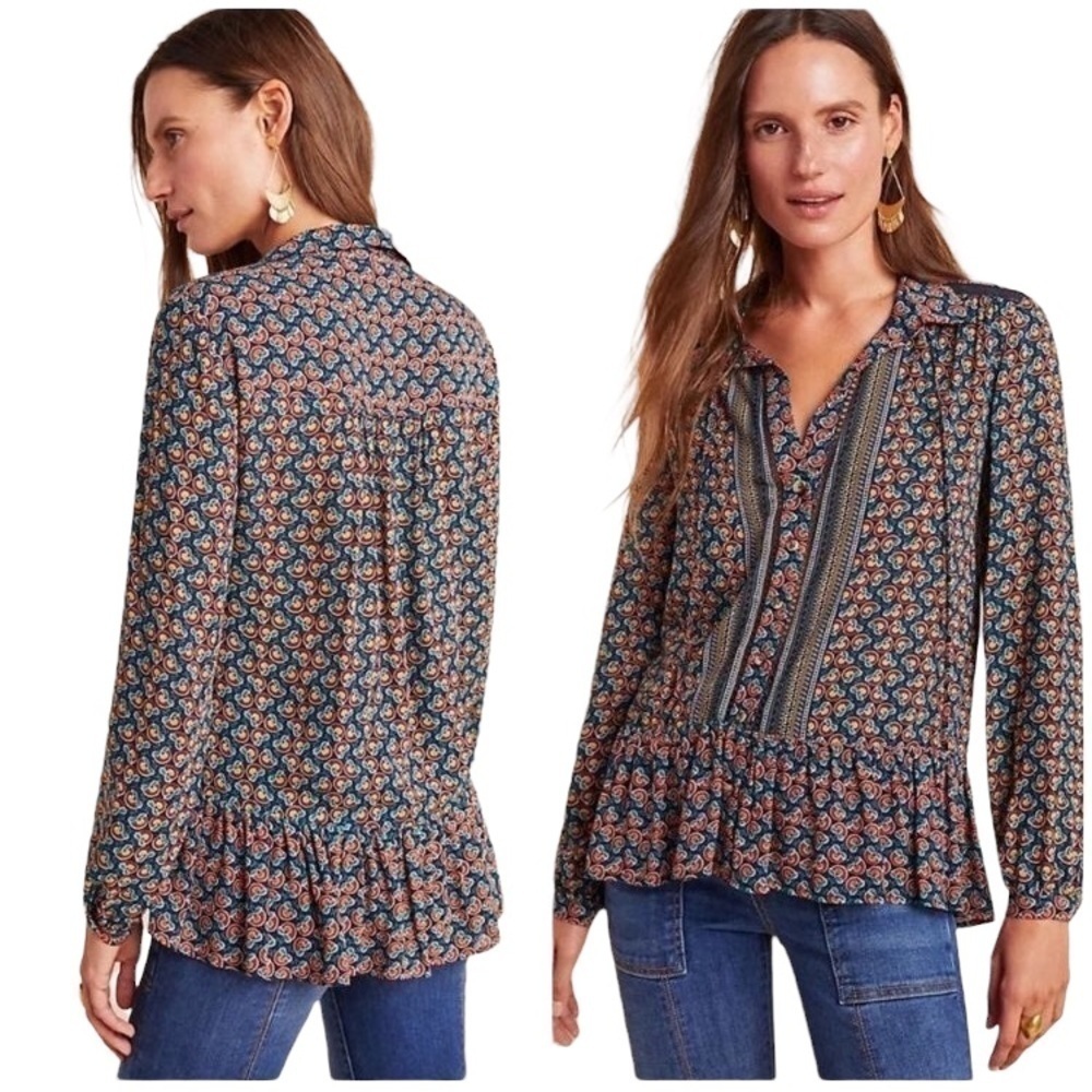 Maeve Blouse boho print peasant ruffled hem prairie anthropology block print